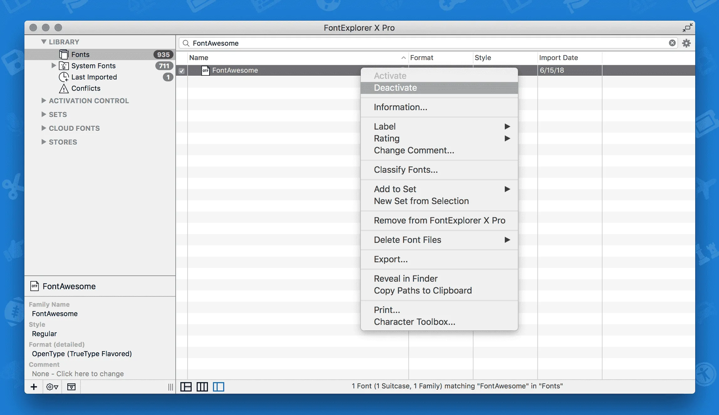 Deactivating Font Awesome 4's .ttf in Font Explorer X on Mac OS X