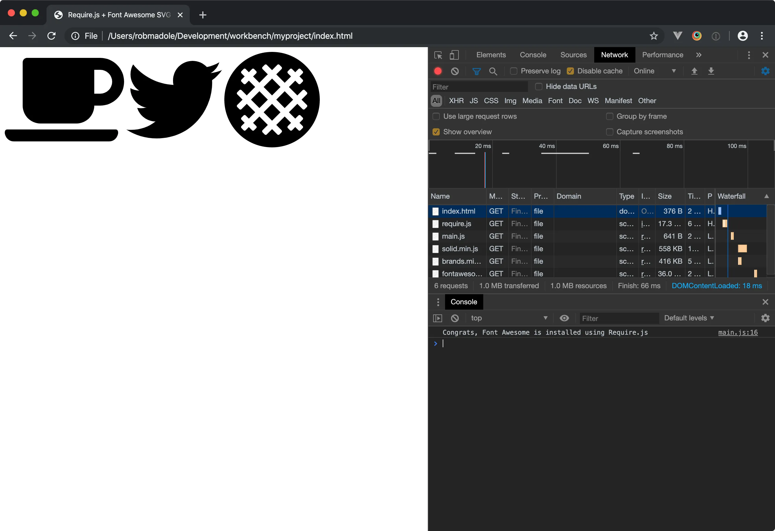 A Screenshot of the browser console with an icon loaded using the API