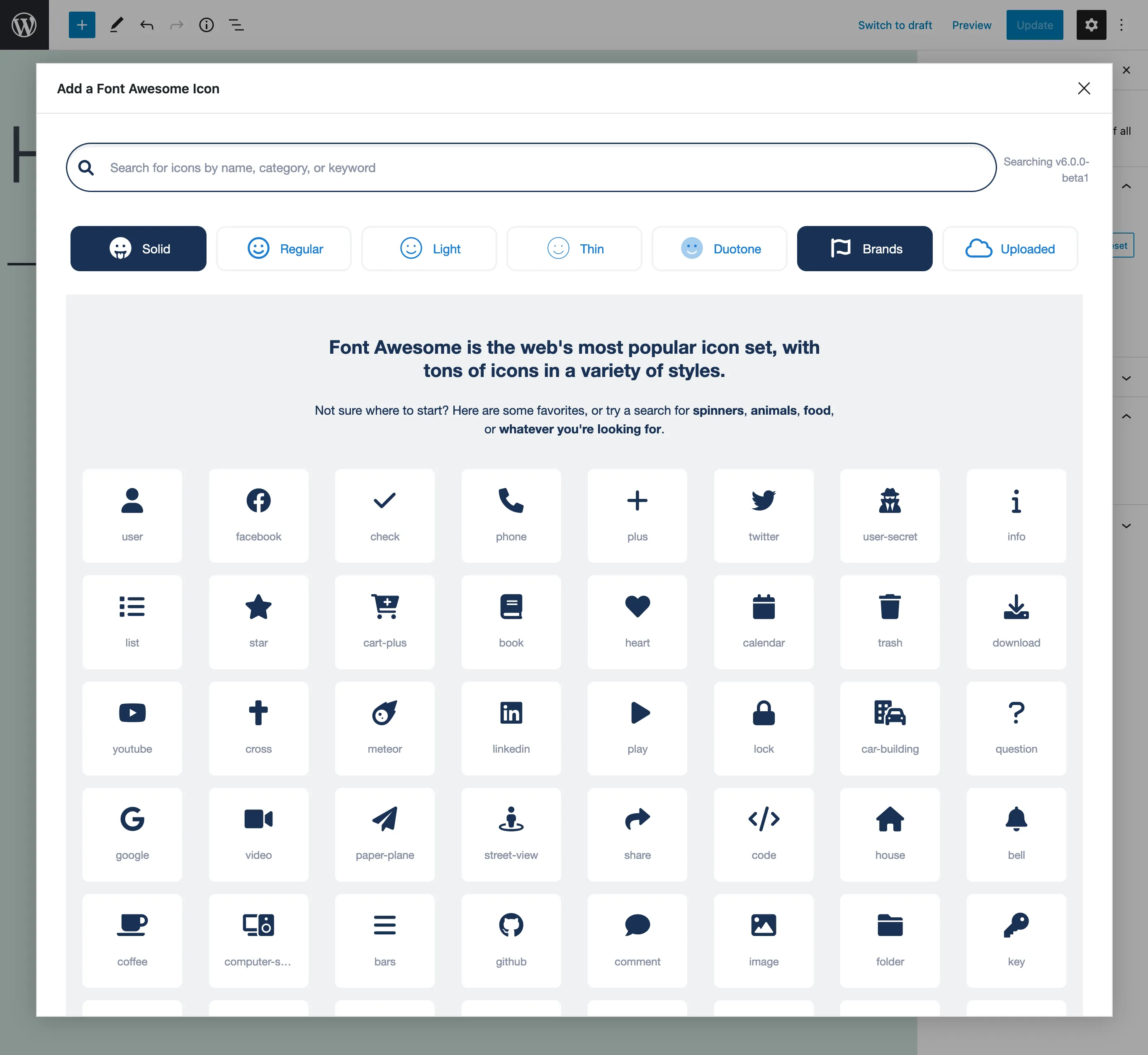 The icon chooser set up to search all Pro icons, including the Light, Thin, Duotone styles and uploaded icons